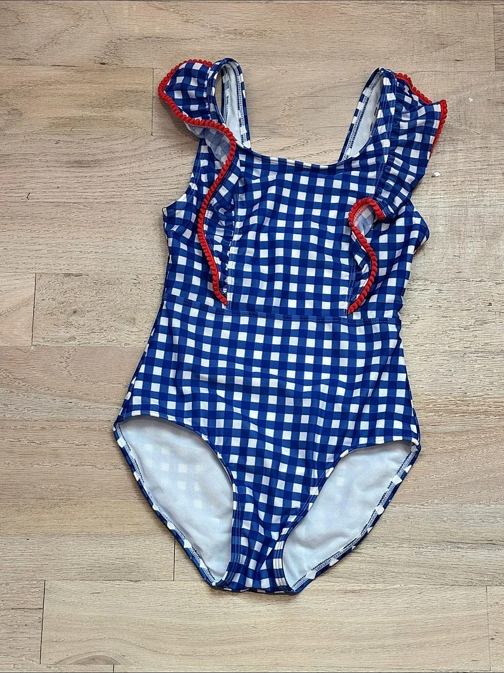 Cat & Jack Girls Gingham Checkered Ruffle One-Piece Swimsuit Blue & White 10/12